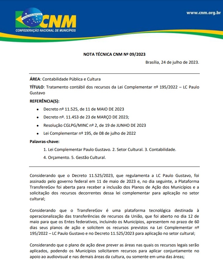 Nota técnica da CNM orienta Municípios para uso dos recursos da Lei Complementar Paulo&nbsp;Gustavo