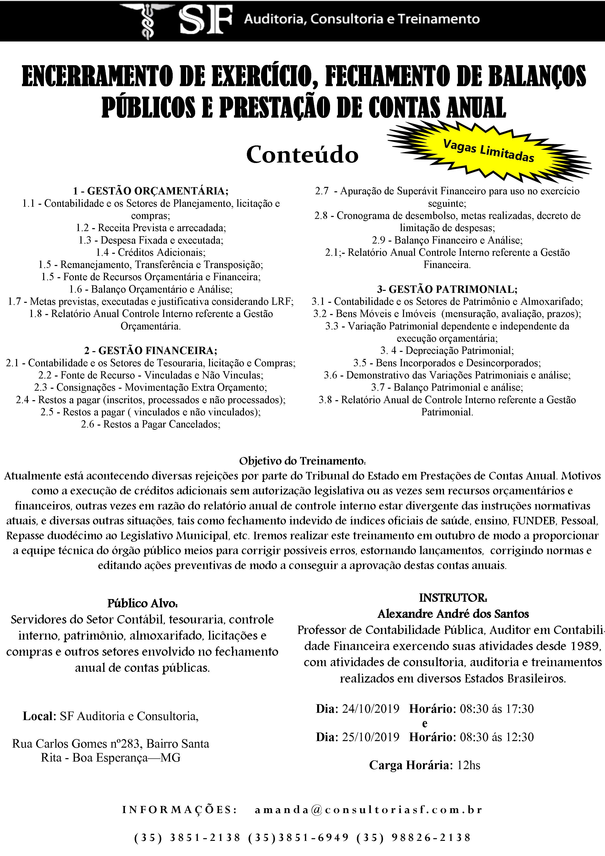 Inscrições abertas para o treinamento: Encerramento de Exercício, Fechamento de Balanços Públicos e Prestação de Contas&nbsp;Anual