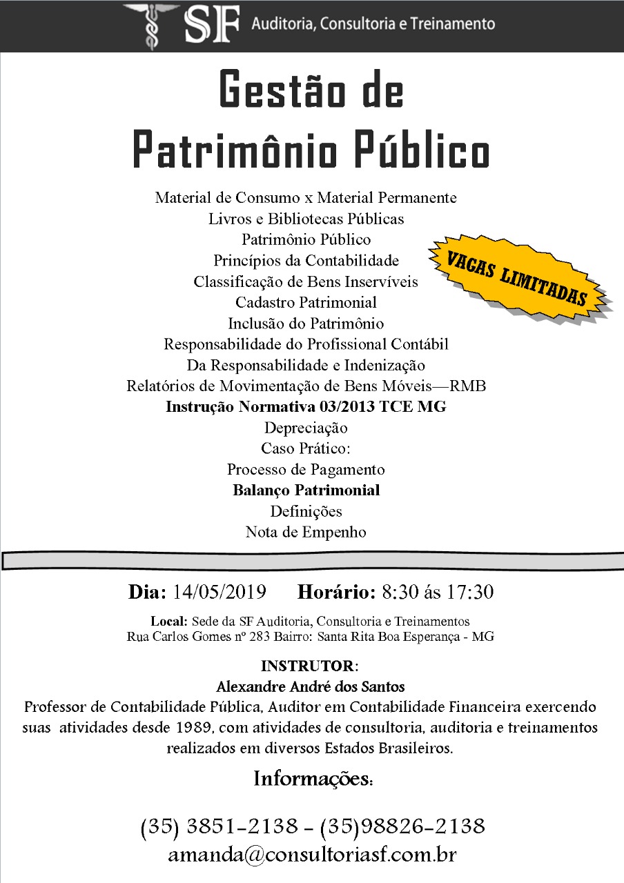 Inscrições abertas para o treinamento: Gestão de Patrimônio&nbsp;Público