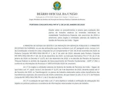 Diário Oficial da União traz orientações para avaliação dos planos de trabalho relativos às emendas&nbsp;individuais