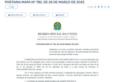 Portaria traz medidas para reduzir o risco da Influenza aviária no&nbsp;Brasil